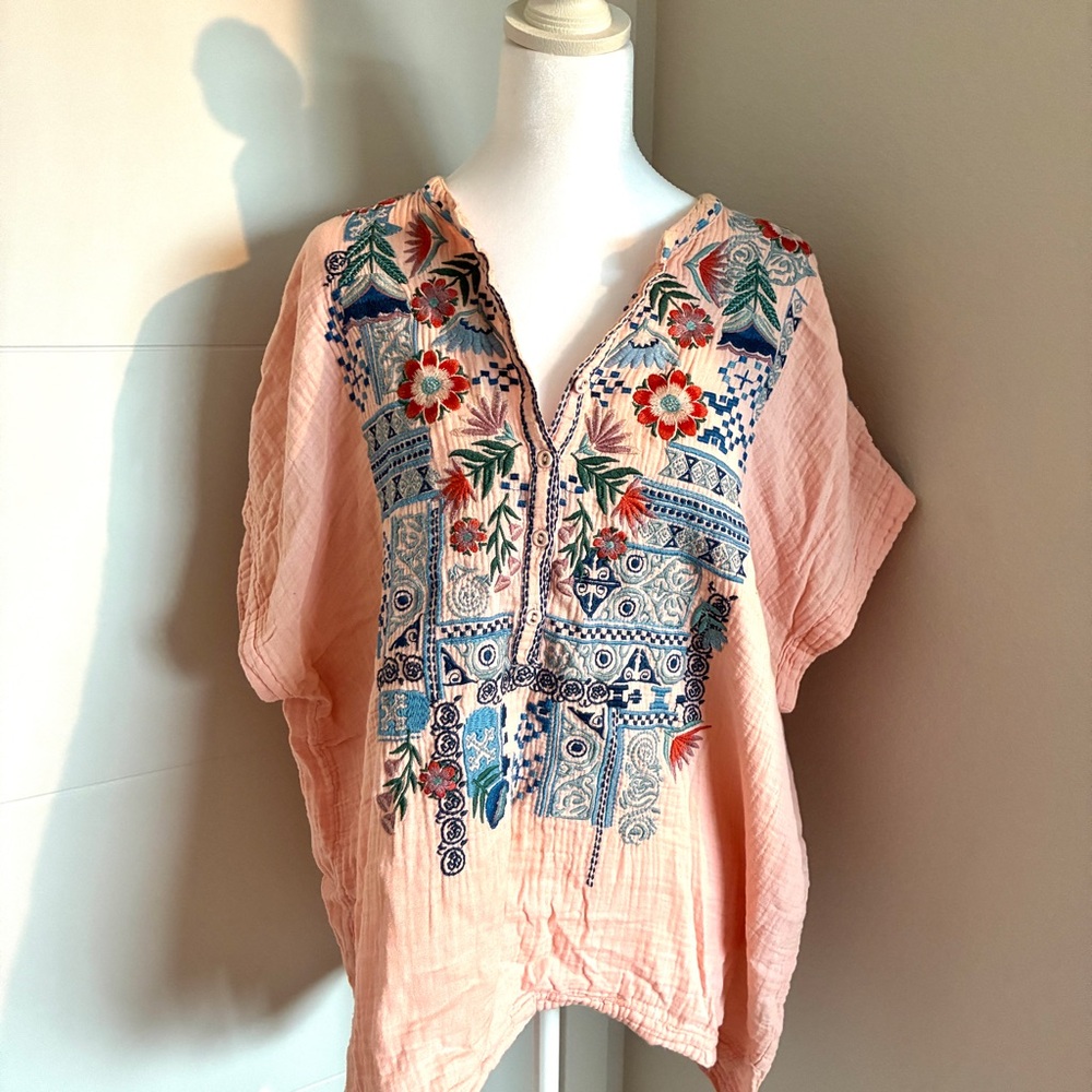 Johnny Was Peach and Blue Embroidered Blouse